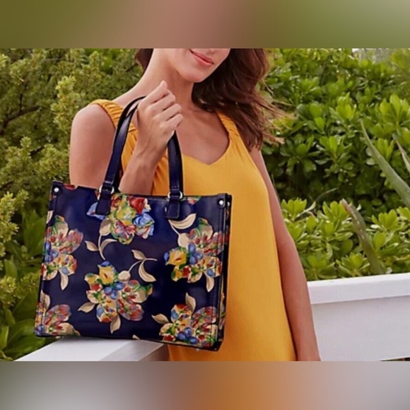 Patricia Nash Leather Ava Medium Tote Le Fleur Navy Blue AUTHENTIC -Minor Defect - Picture 1 of 12